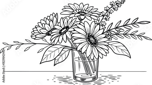 Sunflowers in outline. Line art of sunflowers illustration.