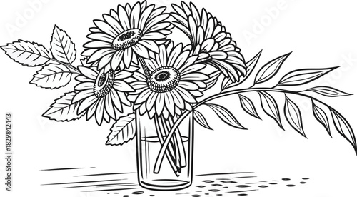 Sunflowers in outline. Line art of sunflowers illustration.