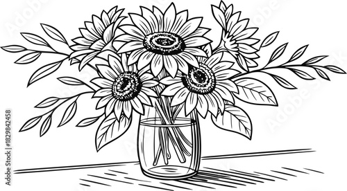 Sunflowers in outline. Line art of sunflowers illustration.
