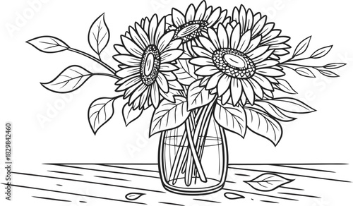 Sunflowers in outline. Line art of sunflowers illustration.