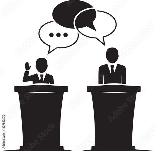 Two people debating at podiums with speech bubble