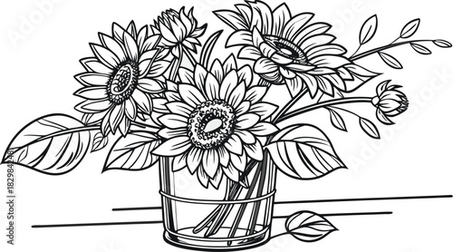 Sunflowers in outline. Line art of sunflowers illustration.