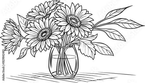 Sunflowers in outline. Line art of sunflowers illustration.