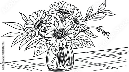 Sunflowers in outline. Line art of sunflowers illustration.