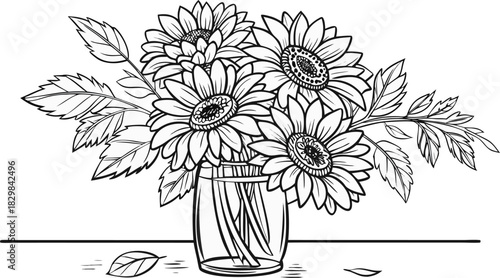 Sunflowers in outline. Line art of sunflowers illustration.