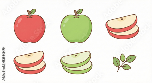 Set of apple variations — whole, sliced, green, red, tiny leaves.