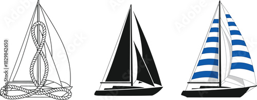 Set of sailboat illustrations vector line art and silhouette nautical design elements for travel and recreation concepts