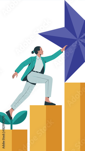 Ambitious professional businesswoman ascending career progression steps illustration, reaching high for a gigantic blue star, symbolizing success, leadership, strategic goal achievement, motivation, a