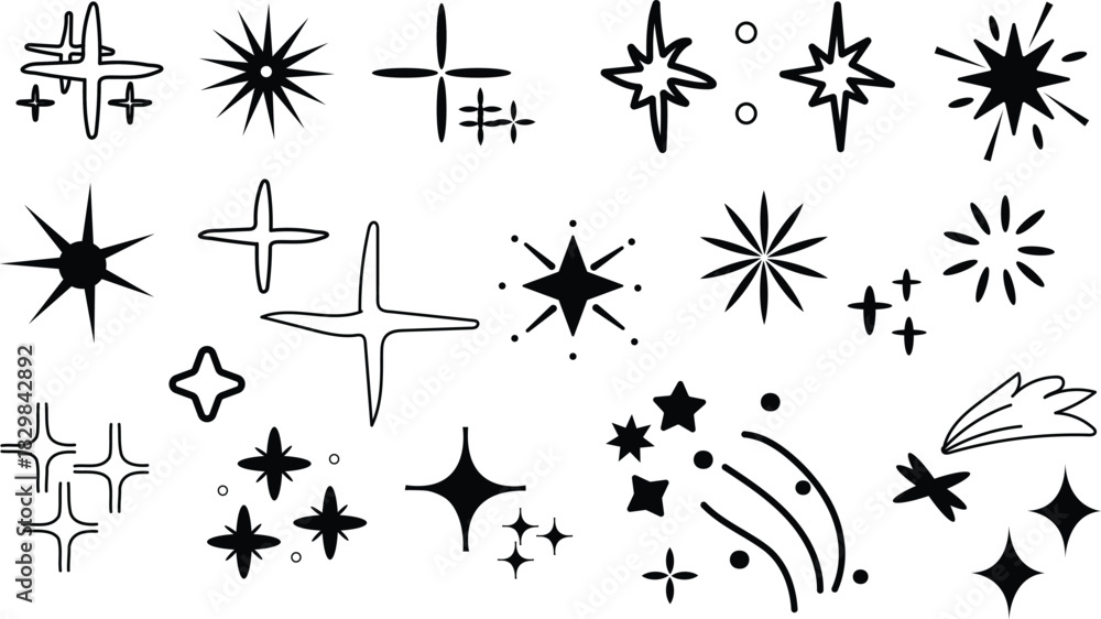 Fototapeta premium Stars, big set. Crayon hand drawn twinkle magic symbols. Shine, spark or light chalk elements. Line sketch and silhouettes sparkle icons. Doodle black glitter sparks. Vector illustration