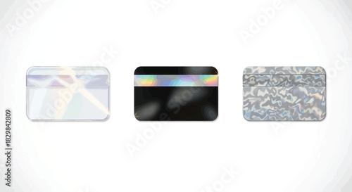 Set of three blank credit cards holographic and glitter textures isolated on white background for financial services and payment solutions