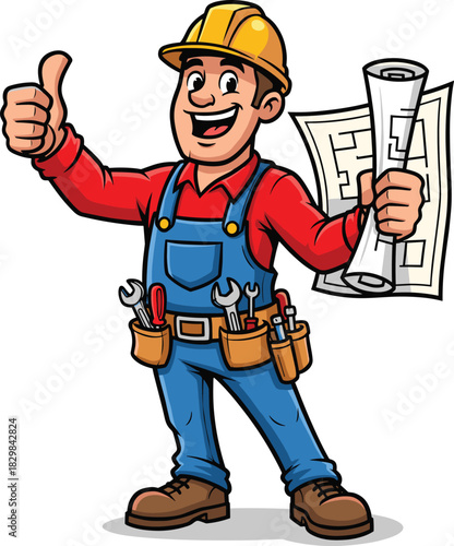 Cartoon construction worker, yellow hard hat, red shirt, blue overalls, tool belt, blueprint, thumbs up, smiling character, wrench, screwdriver