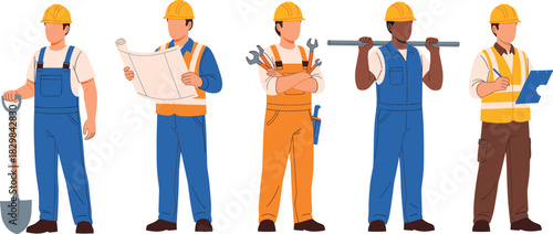 Cartoon construction workers, safety gear, hard hats, work uniforms, shovel, blueprint, wrench, pipe, clipboard, teamwork, di