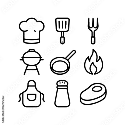 Simple line art icons representing cooking and grilling elements