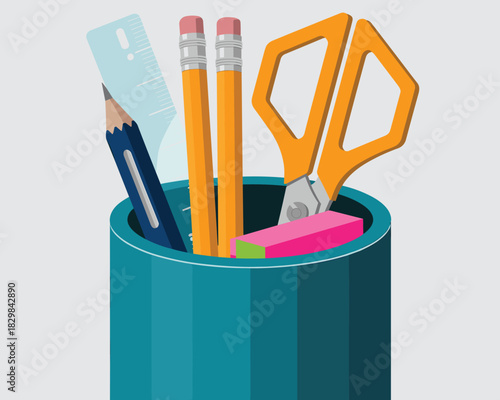 Professional office organization setup with vibrant essential school supplies and learning tools, including sharp yellow pencils, orange cutting scissors, a pink rubber eraser, and clear ruler, sittin