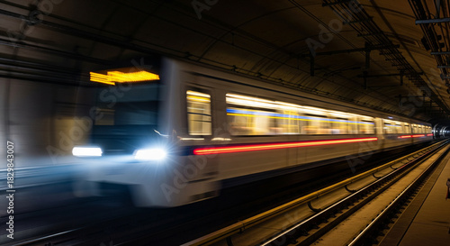 Urban Transit Blur - Subway Train Speeding Through Dark Tunnel
A dynamic, long-exposure photograph capturing a modern subway or metro train rushing through a dark underground tunnel at high speed