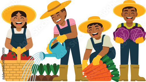 Four happy diverse family farmers wearing overalls and straw hats harvesting a successful bounty of healthy organic vegetables, including ripe tomatoes, crunchy carrots, and purple cabbage, detailed v