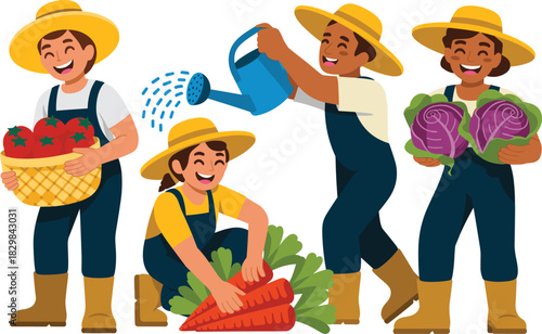 Cheerful diverse team of professional farmers actively harvesting and watering premium quality fresh organic garden vegetables, including plump tomatoes, raw carrots, and purple cabbage, representing