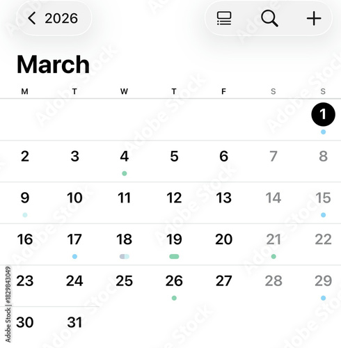2026 March Calendar: A close-up view of the March 2026 calendar, displaying the days and dates with subtle emphasis. A tool for time management and schedule planning. 