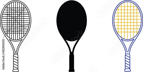 Tennis racket vector icon set outline silhouette and color versions isolated on white background