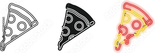 Pizza slice icon set line solid and neon style vector illustration for restaurant menu or food delivery app