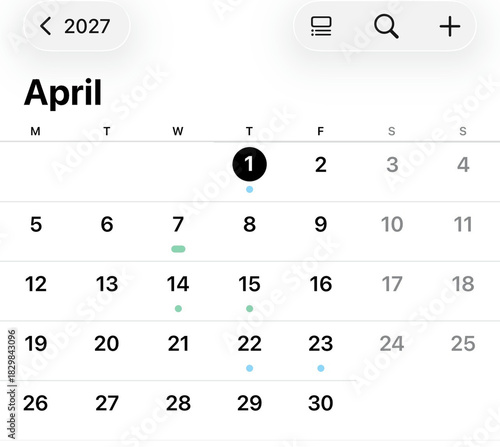 Calendar April 2027: A digital calendar display showing the month of April in the year 2027. Highlighted dates suggest scheduled events or important reminders.