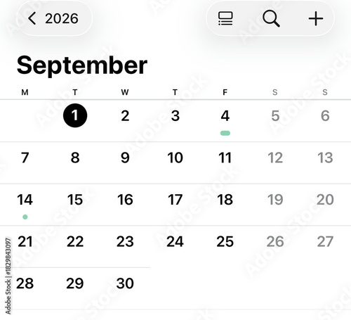 Calendar of September 2026: A visual representation of the month of September in the year 2026, the calendar grid displays the days and dates, marked with the current day and past dates.