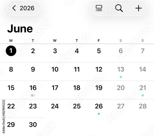 June 2026 Calendar: An up-close view of a digital calendar, with the month of June in the year 2026 prominently displayed.