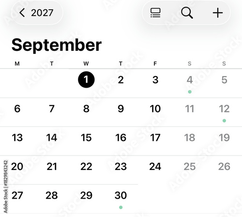 September 1st 2027: A crisp, digital calendar page focuses on September 2027, with the first day circled, inviting a sense of anticipation and the promise of a new month. 