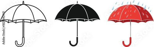 Umbrella icon set vector illustration in outline solid black and color for weather forecast and protection concepts