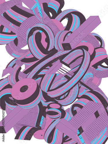 Dynamic futuristic abstract 3D geometry composition with tangled ribbons, striped coils, and purple geometric solids, creating a complex, innovative background texture for modern tech visualizations,