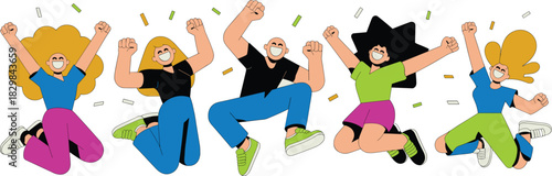 Energetic diverse group of joyful young people and friends jumping high in the air, celebrating success and teamwork with raised fists and confetti in a dynamic, modern flat vector illustration for bu
