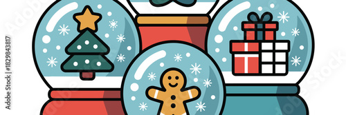 Modern festive vector illustration of multiple Christmas snow globes collection showcasing traditional holiday elements: an evergreen tree, wrapped gift presents, and a gingerbread man cookie, ideal g