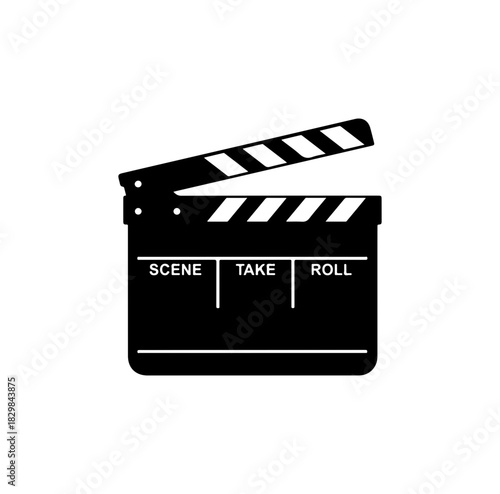 Modern film clapperboard graphic for movie production, scene, take, roll concept