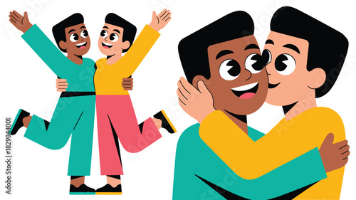 Cheerful flat vector illustration of an interracial male relationship, two happy young men hugging and celebrating love, diversity, and acceptance, useful for inclusive LGBTQ+ lifestyle marketing, web