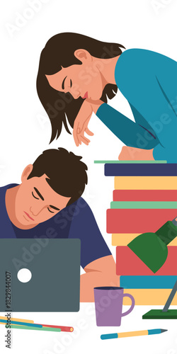 Overwhelmed students or tired colleagues experiencing burnout, sleeping exhausted on a desk piled high with colorful books and a laptop, symbolizing academic pressure, deadline stress, and the need fo