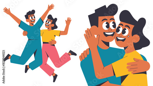 Energetic flat design vector illustration of a joyful diverse young couple or friends jumping, running, and embracing; celebrating success, teamwork, and strong partnership, representing happiness, re