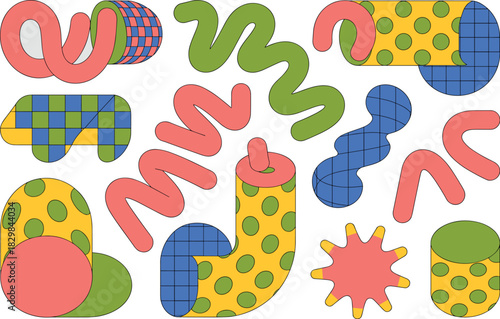 Playful graphic design elements featuring colorful abstract 3D geometry, organic lines, dotted textures, and checkered patterns, creating a vibrant retro maximalist background perfect for contemporary