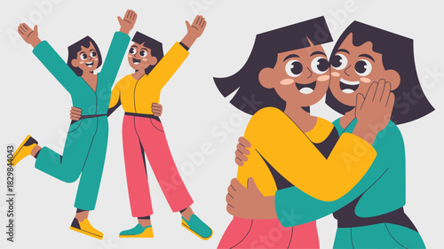 Modern flat vector illustration depicting two joyful diverse female friends celebrating success, embracing and cheering energetically, alongside an intimate close-up sharing a secret whisper, symboliz