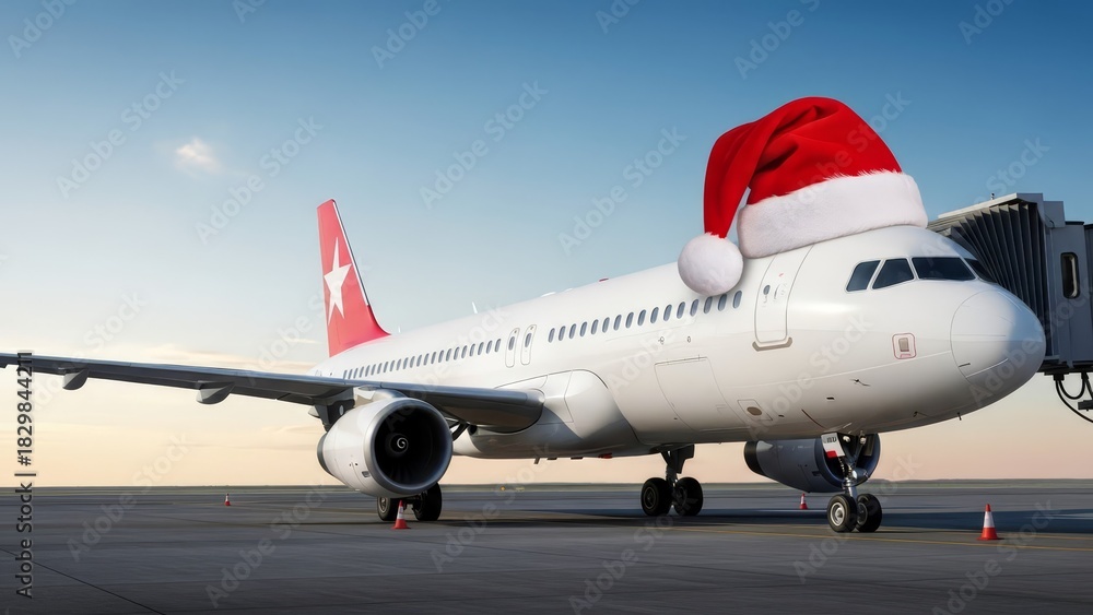 Obraz premium The scale of the oversized Santa hat provides a humorous juxtaposition against the sleek, technical design of the plane.