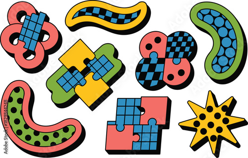 Vibrant abstract groovy retro graphic vector elements and isolated sticker shapes featuring pop art checkerboard and polka dot patterns, illustrating complexity, synergy, and connection for modern dig