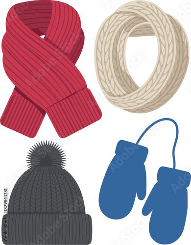A vibrant vector illustration of essential knitted winter fashion accessories including a classic red scarf, dark grey beanie hat with pompom, blue mittens, and a beige infinity cowl, providing season