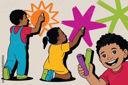 Three joyful diverse African American children drawing vibrant artistic illustrations, including a bright orange sun and magenta star, on a clean wall surface using colorful chalks, promoting early ed