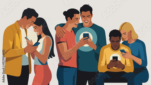 Diverse group of smiling millennial friends and couples sharing intimate moments while intensely focused on their mobile devices, demonstrating digital technology communication, dating app use, and so