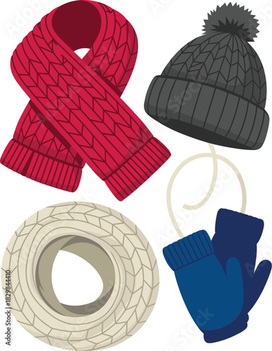 Cozy cold weather apparel collection of graphic knitwear, including bright red scarf, ribbed dark gray hat, warm blue hand protection mittens, and snug round beige snood, perfect vector illustration f