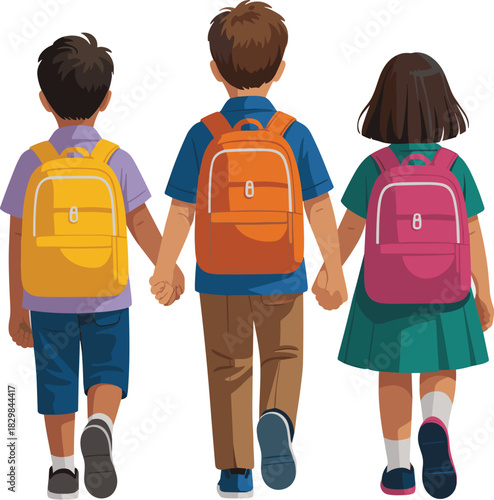 Diverse elementary school students and pupils walking away hand in hand, wearing brightly colored yellow, orange, and pink school backpacks, symbolizing friendship, unity, and the academic learning jo