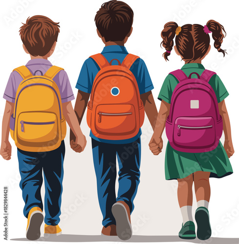 Diverse group of elementary school children walking away, holding hands, wearing colorful orange, yellow, and magenta backpacks, symbolizing friendship, unity, and the back-to-school journey, conceptu
