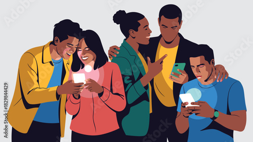 Diverse young adult friends happily socializing, engaging with their mobile smartphones and digital technology, connecting and sharing content online, depicting modern casual lifestyle, group networki