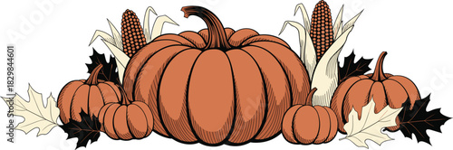 Classic autumn harvest composition featuring a detailed vintage engraved illustration of large and small pumpkins, decorative gourds, corn stalks, and seasonal fall oak leaves, ideal holiday design el