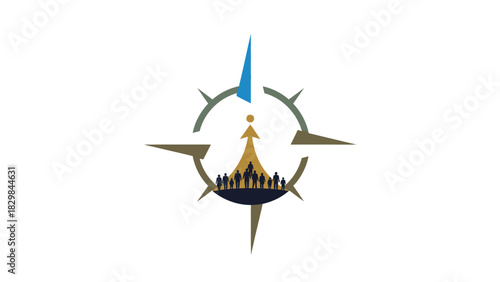 A blue graphic illustration of people standing around a globe on a white background with a swoosh design element.