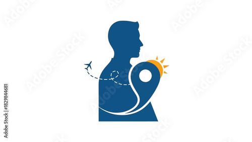 A blue graphic illustration of people standing around a globe on a white background with a swoosh design element.